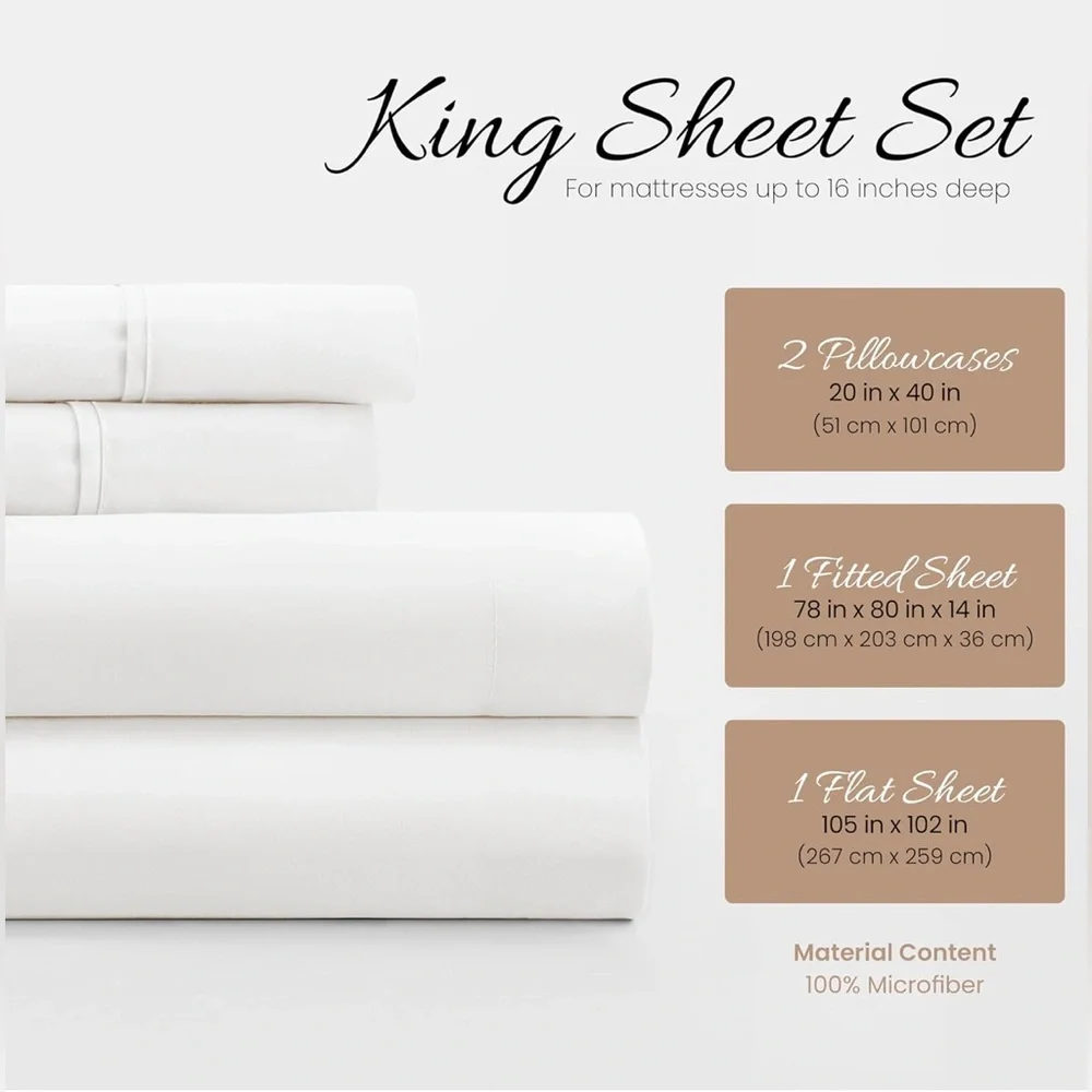 NEW Microfiber King Sheet Set 4 Piece Ultra Soft & Wrinkle-Free Easy Care Bed